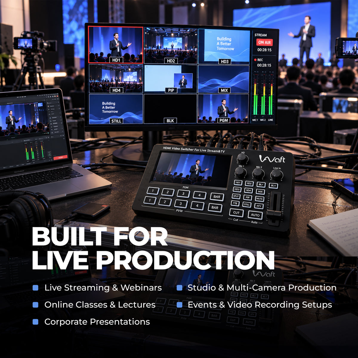 AIWaft 4 Way HDMI Video Switcher with 5-Inch IPS Screen for Live Streaming