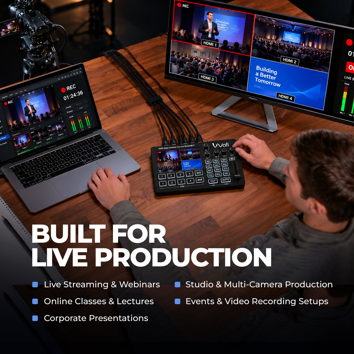 AIWaft 4 Way HDMI Video Switcher with 5-Inch IPS Screen for Live Streaming
