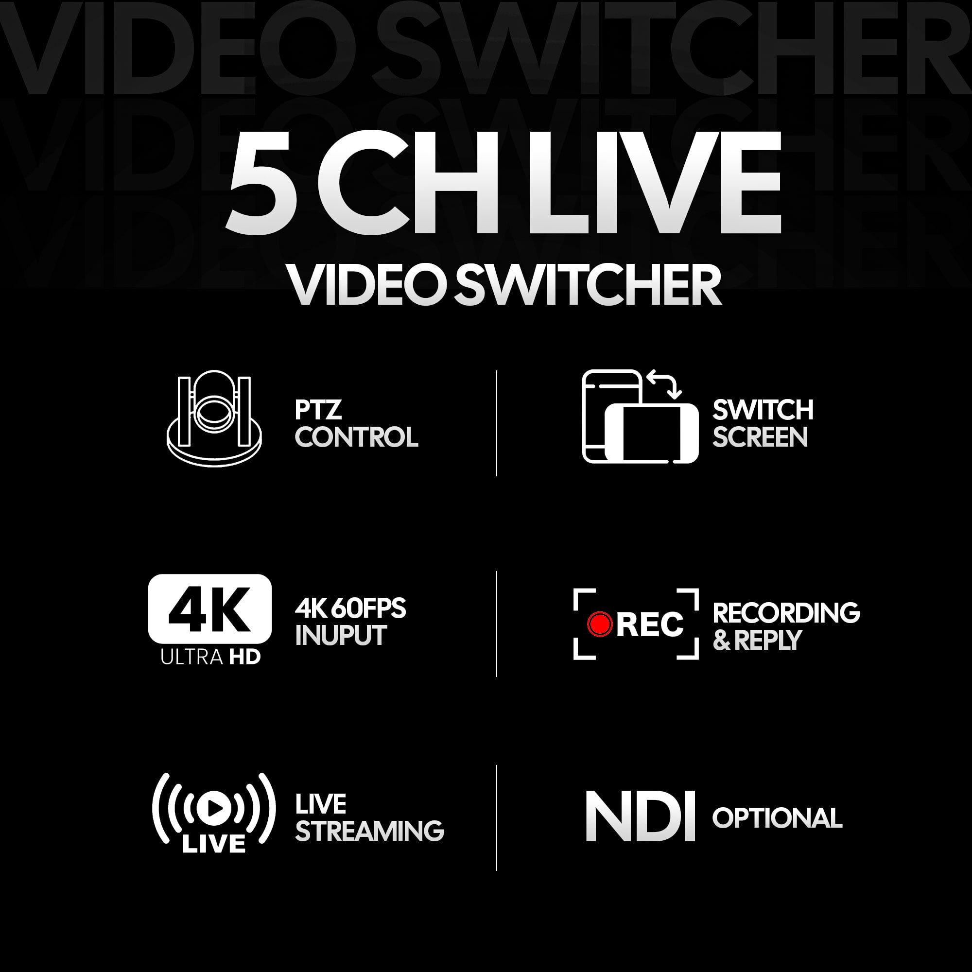 AIWaft Video Mixer – 4K HDMI/SDI Switcher for Live Streaming, Multi-Camera, PTZ Control, USB & SD Recording, 8-Layer Effects, 4-Channel Input