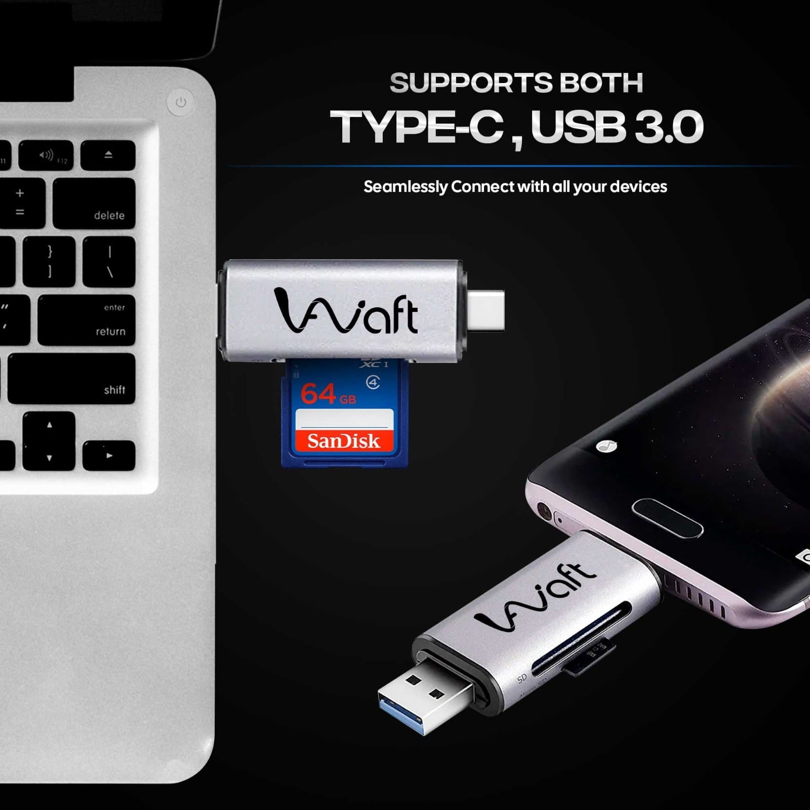 AIWaft High-Speed 2-in-1 Card Reader | USB 3.0 | LED Display | Up to 5 Gbps Transfer | Supports SD/TF/SDXC Cards | For Windows, macOS & Type-C Devices