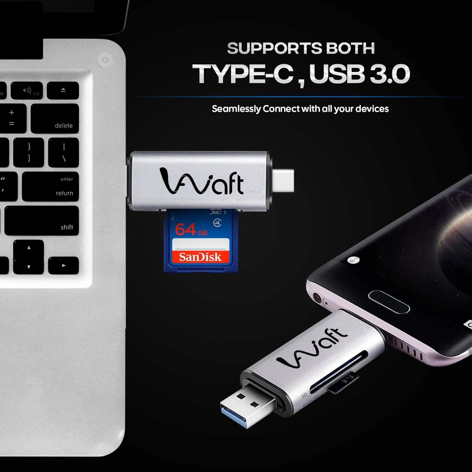 AIWaft High-Speed 2-in-1 Card Reader | USB 3.0 | LED Display | Up to 5 Gbps Transfer | Supports SD/TF/SDXC Cards | For Windows, macOS & Type-C Devices