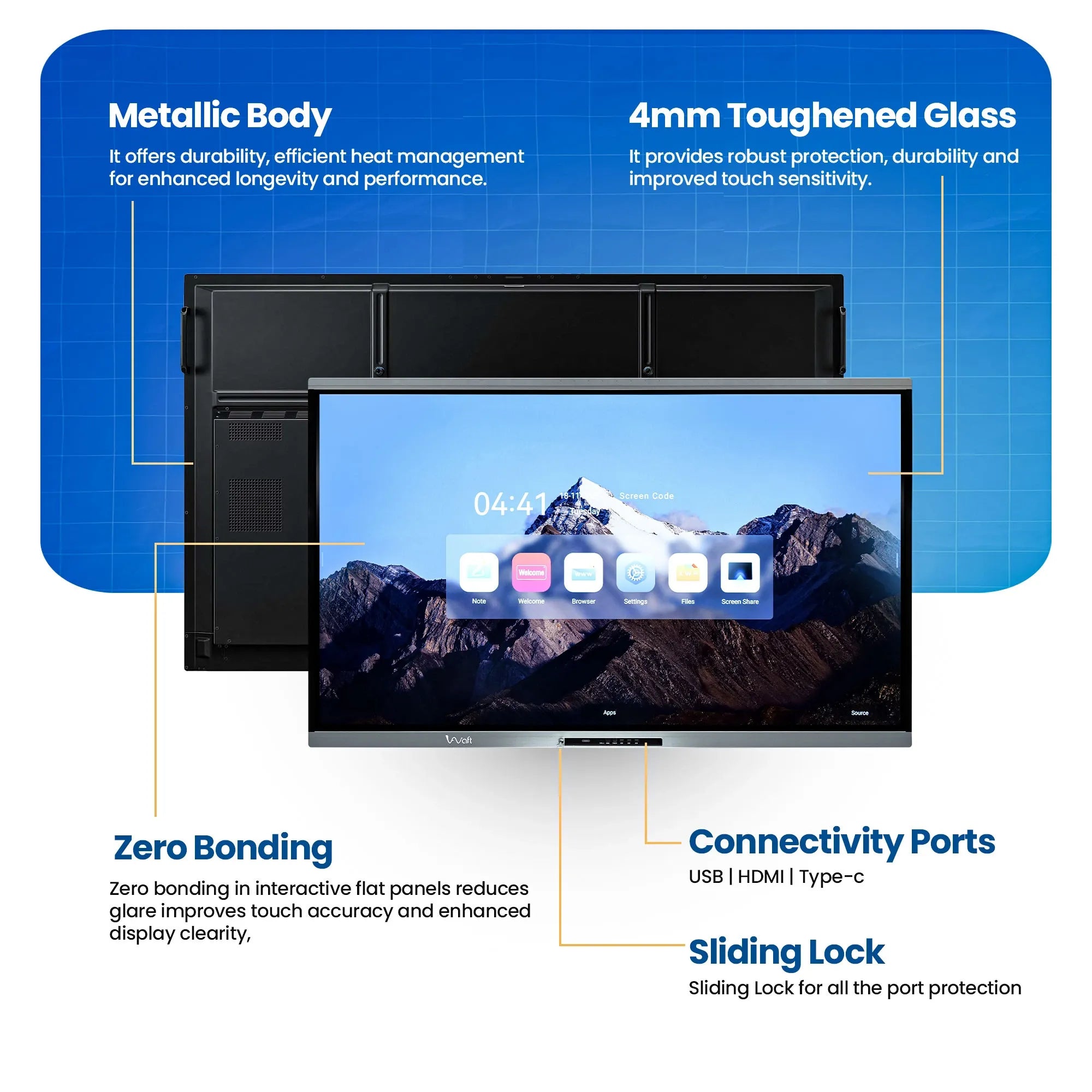 AIWaft EduPro 75 Inch 4K UHD Interactive Digital Board with Android 15, 40-Point IR Touch, 8GB RAM 128GB ROM for Smart Classrooms & Corporate Meetings