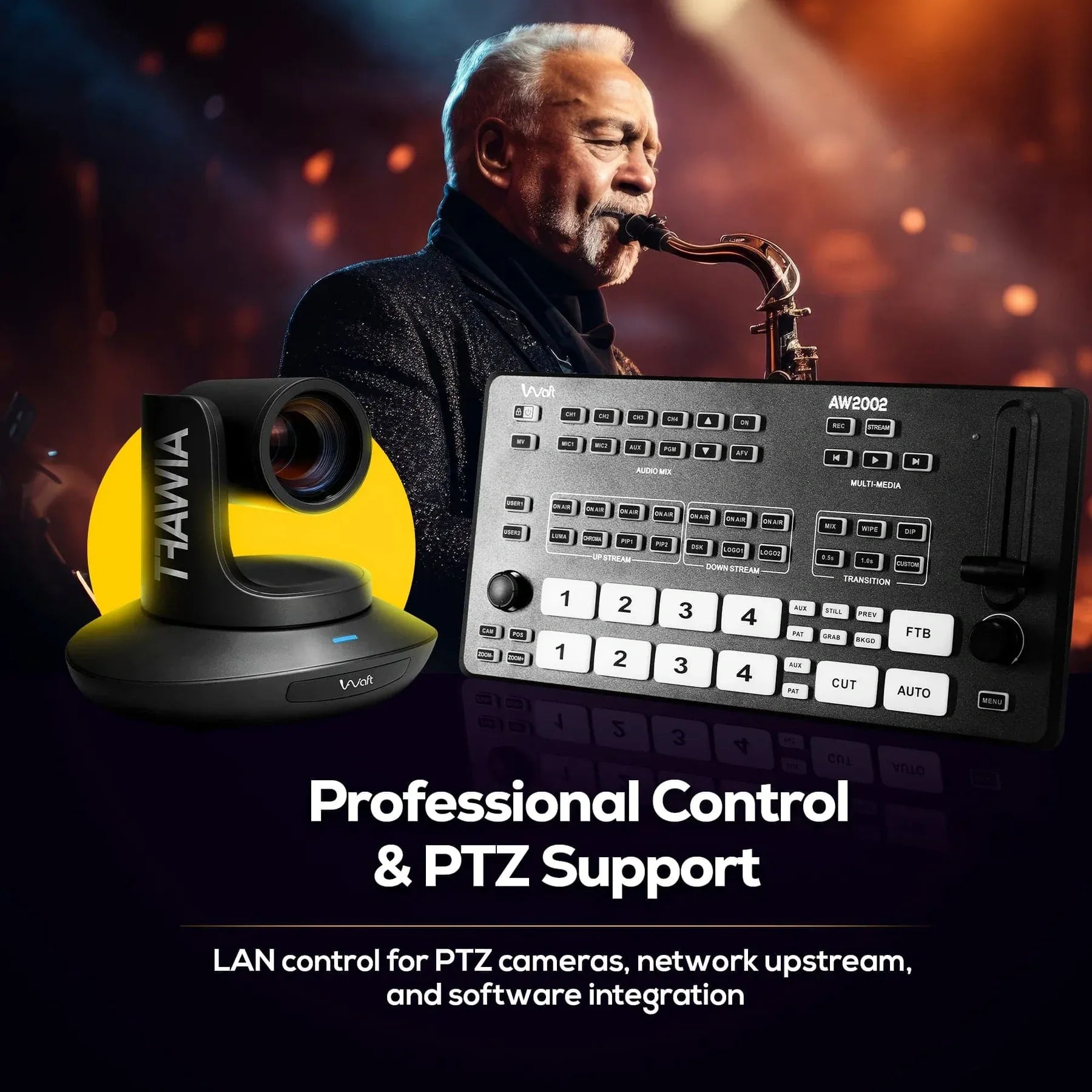 AIWaft HDMI Video Switcher – Multi-Input Live Streaming Mixer with PTZ Control, 4K Support, USB & SD Recording, Special Effects & Keying