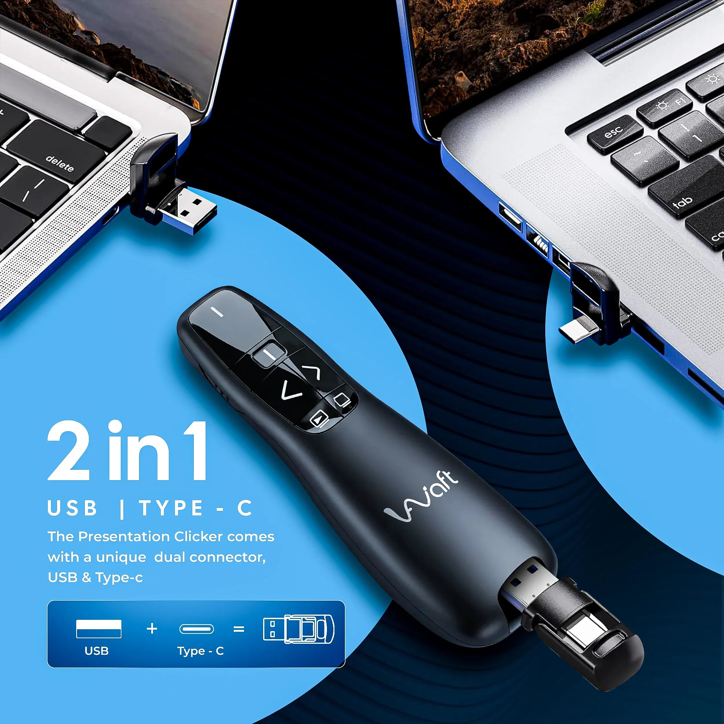AIWaft Wireless Presentation Clicker with Laser Pointer, USB Type-A & Type-C Dual Receiver PPT Remote, 2.4GHz Wireless Presenter for PowerPoint, Keynote, MacBook, Laptop, Tablet