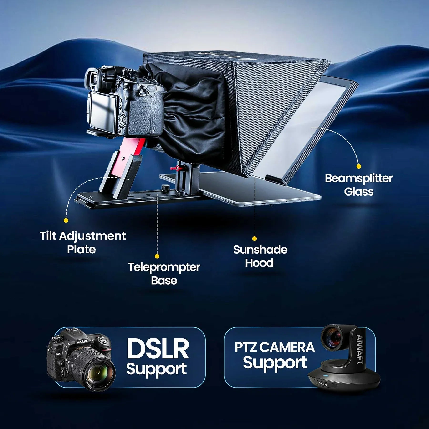 AIWaft ALWT12XS 12.9 Inch Professional Teleprompter with Bluetooth Remote & 70/30 Beam Splitter Glass for DSLR, Mirrorless Camera, iPad & Smartphone Video Recording