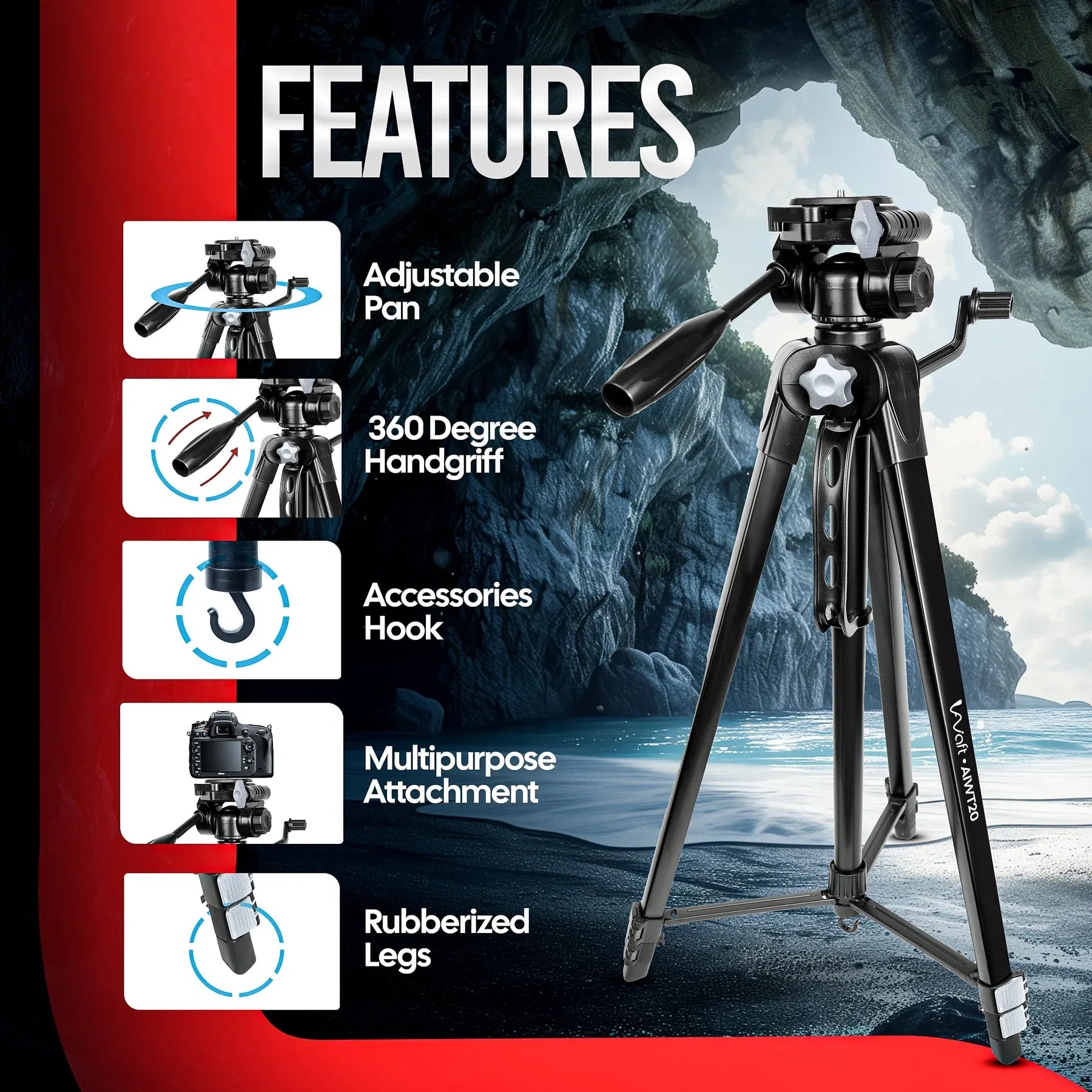 AIWaft AIWT20 67” Adjustable Tripod Stand with Phone Mount, 360° Pan Head, Heavy Duty Aluminum Camera Tripod for DSLR, Mobile, Video Recording & Photography