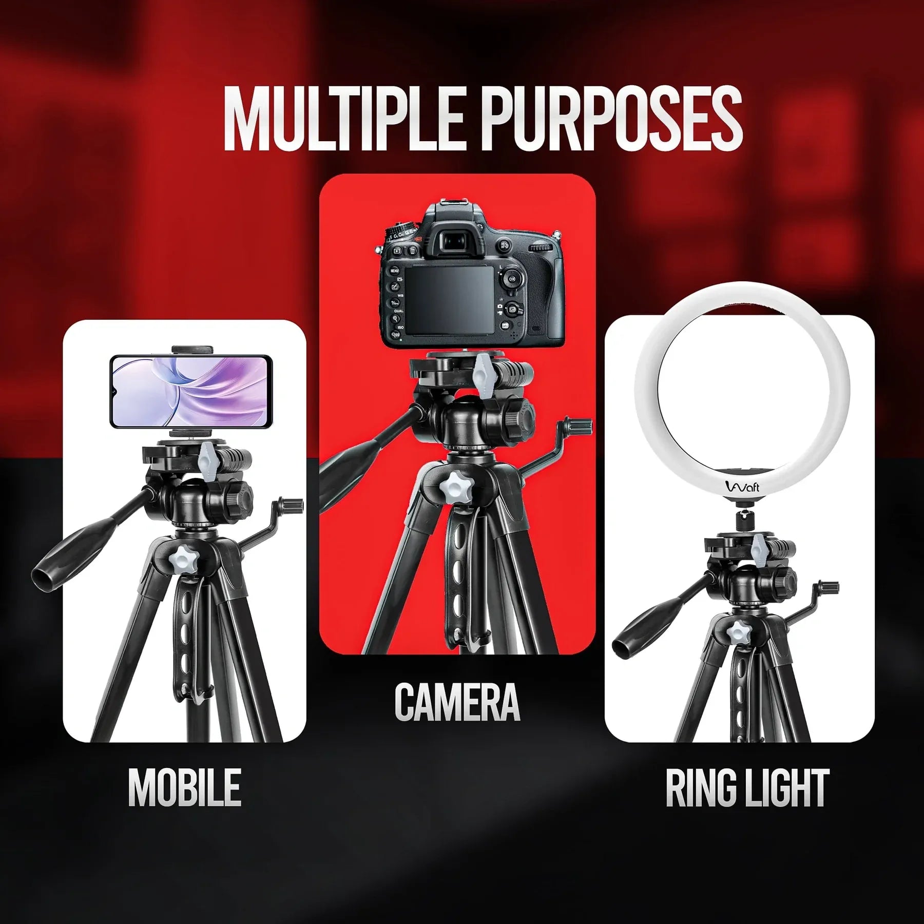 AIWaft AIWT20 67” Adjustable Tripod Stand with Phone Mount, 360° Pan Head, Heavy Duty Aluminum Camera Tripod for DSLR, Mobile, Video Recording & Photography