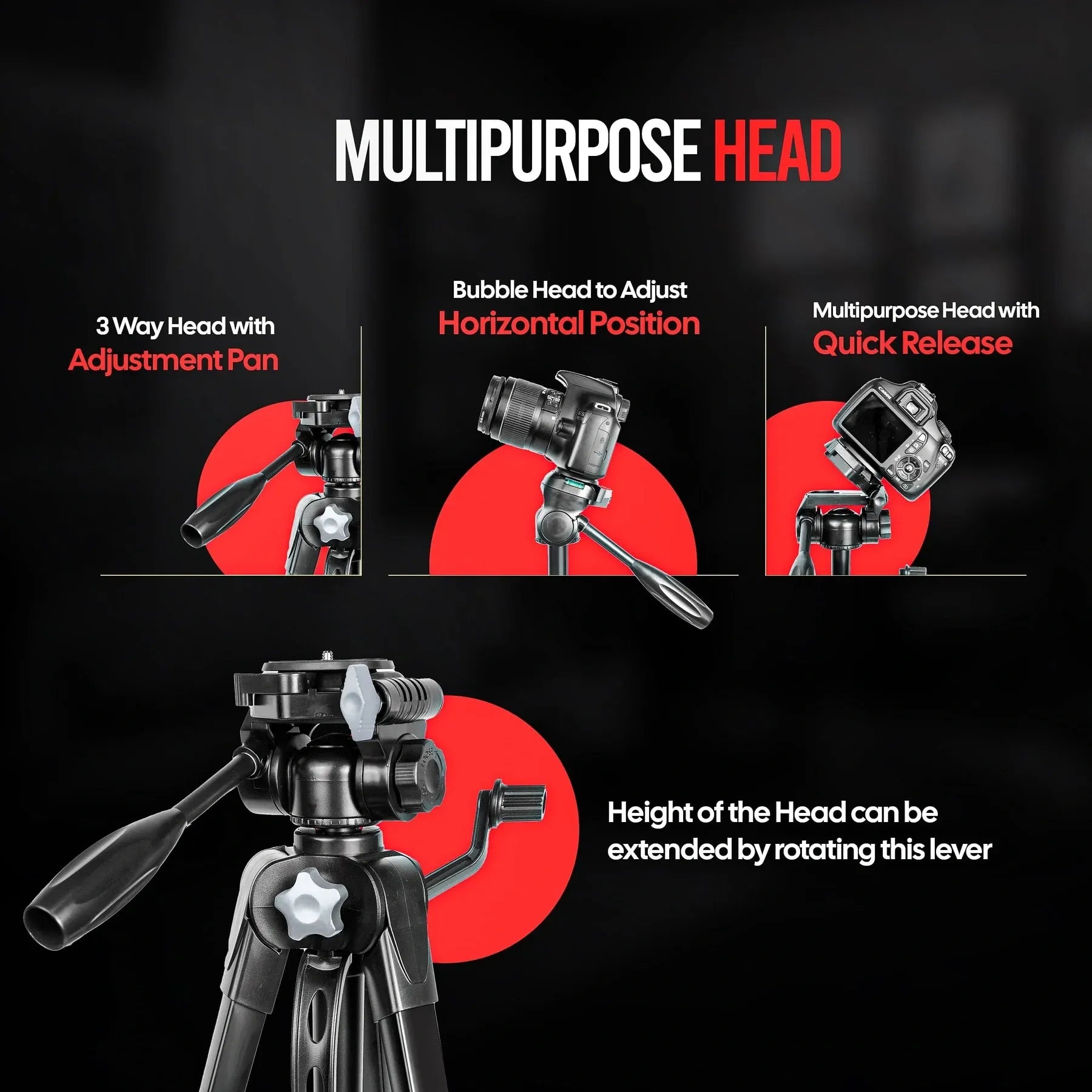 AIWaft AIWT20 67” Adjustable Tripod Stand with Phone Mount, 360° Pan Head, Heavy Duty Aluminum Camera Tripod for DSLR, Mobile, Video Recording & Photography