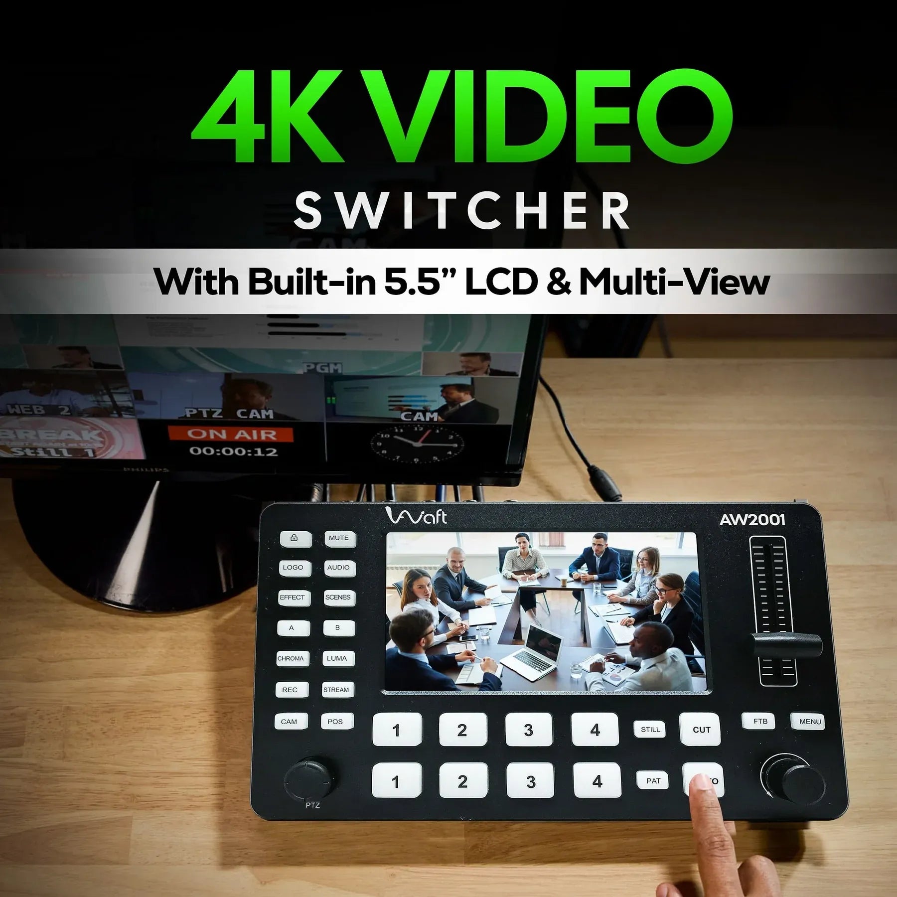 AIWaft Compact 4-Channel HDMI Live Video Mixer Switcher | Built-in Streaming, PTZ Camera Control, Real-Time Switching, Recording, and Audio Mixing for YouTube, Facebook, Twitch | Portable