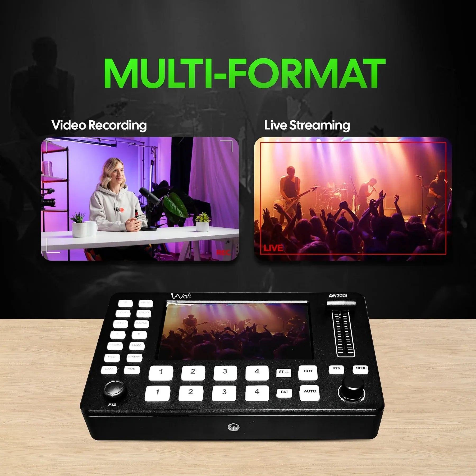 AIWaft Compact 4-Channel HDMI Live Video Mixer Switcher | Built-in Streaming, PTZ Camera Control, Real-Time Switching, Recording, and Audio Mixing for YouTube, Facebook, Twitch | Portable