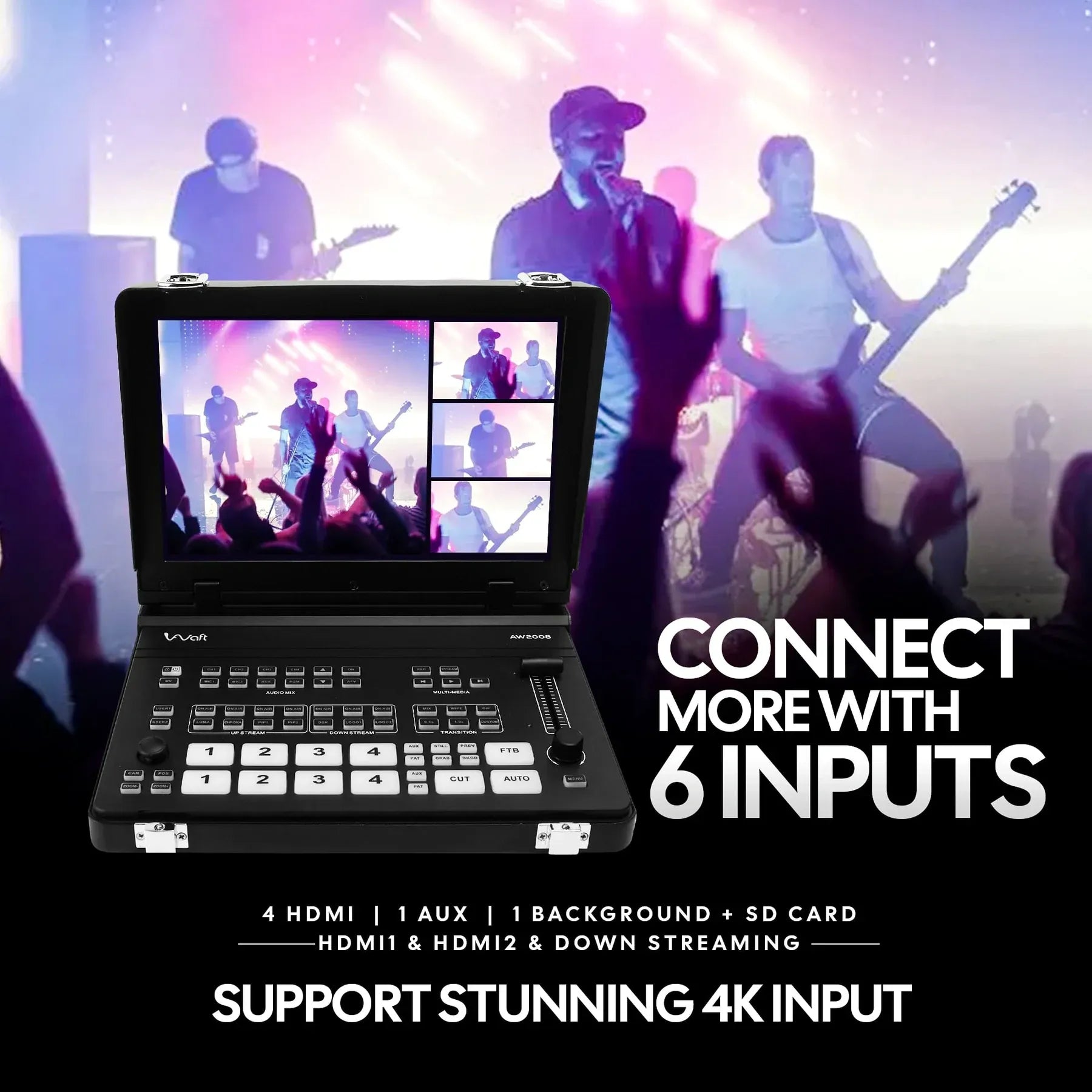 AIWaft Video Mixer – 4K HDMI/SDI Switcher for Live Streaming, Multi-Camera, PTZ Control, USB & SD Recording, 8-Layer Effects, 4-Channel Input