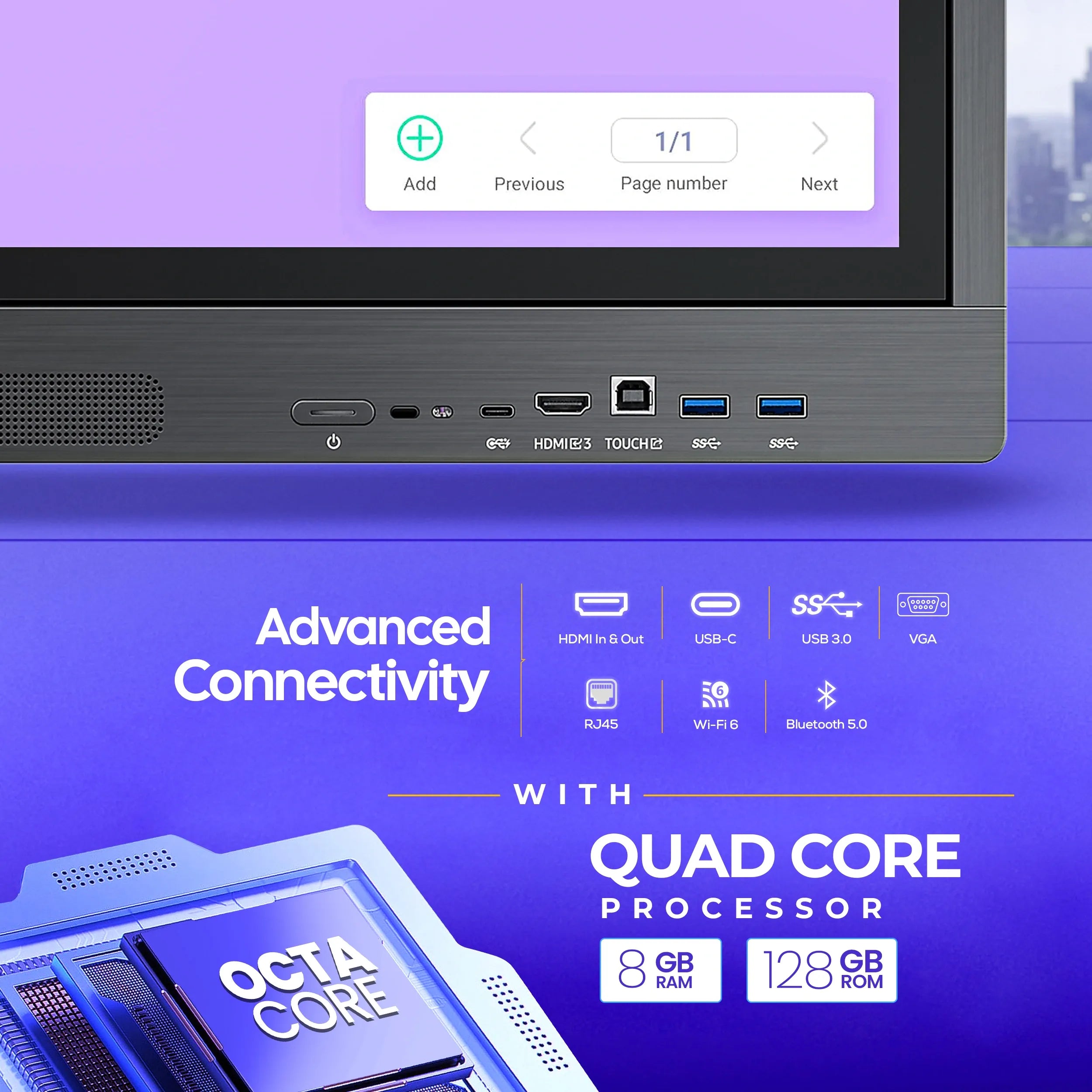 AIWaft Turbo AI 75 Inch 4K Interactive Flat Panel Smart Board with Upgradble to Android 16, 8GB RAM 128GB ROM, 50-Point Multi-Touch for Classroom & Teaching.