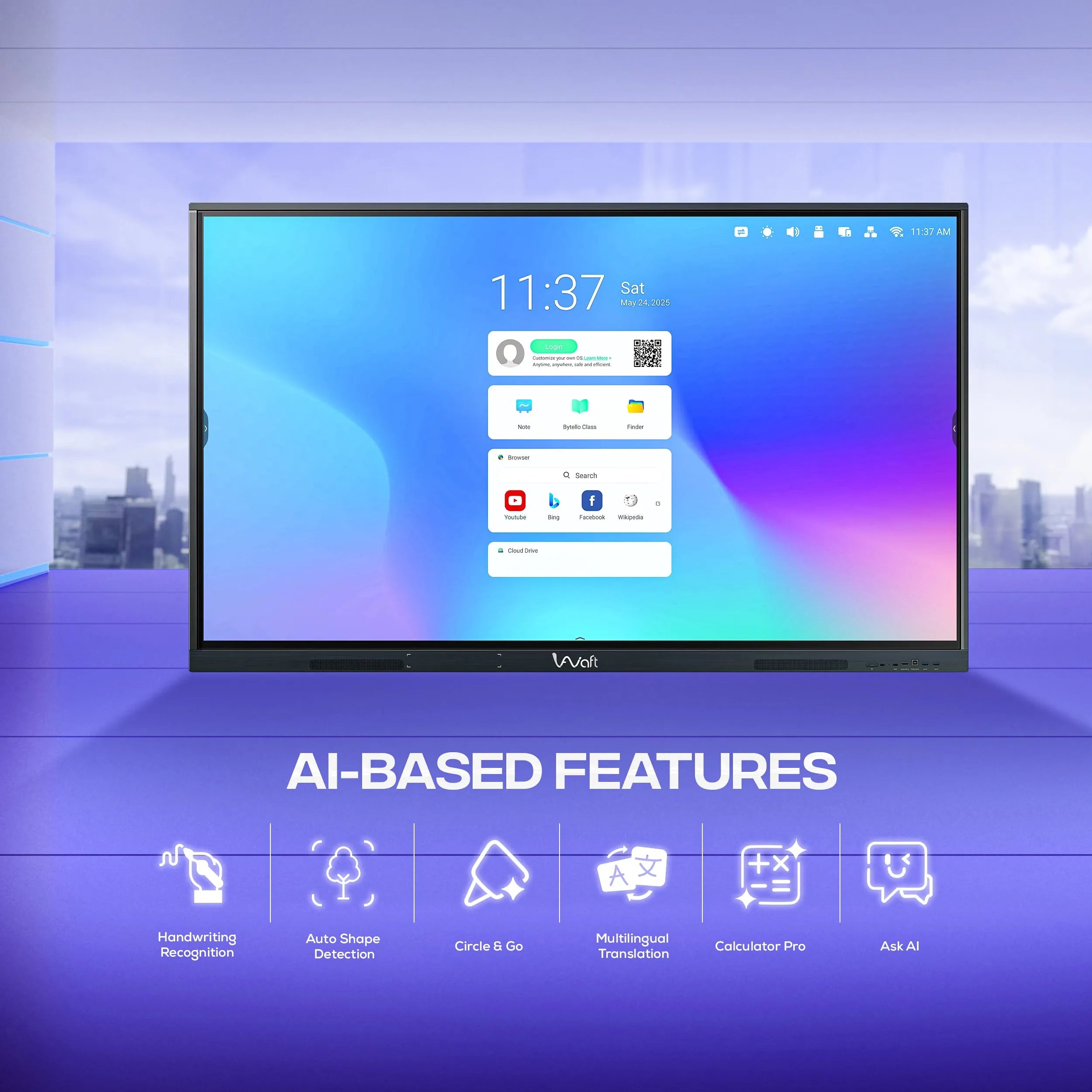 AIWaft Turbo AI 75 Inch 4K Interactive Flat Panel Smart Board with Upgradble to Android 16, 8GB RAM 128GB ROM, 50-Point Multi-Touch for Classroom & Teaching.