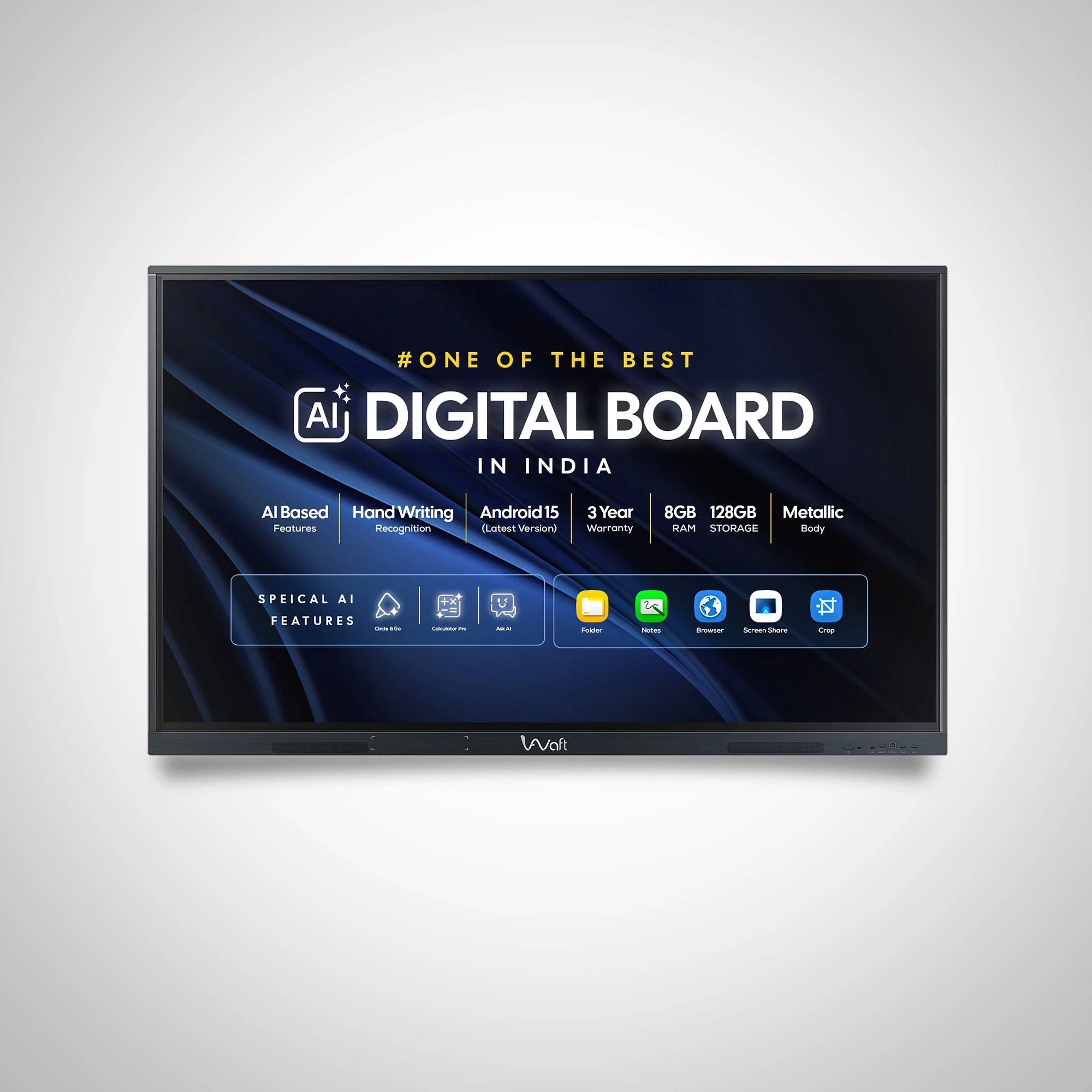 AIWaft Turbo AI 75 Inch 4K Interactive Flat Panel Smart Board with Upgradble to Android 16, 8GB RAM 128GB ROM, 50-Point Multi-Touch for Classroom & Teaching.