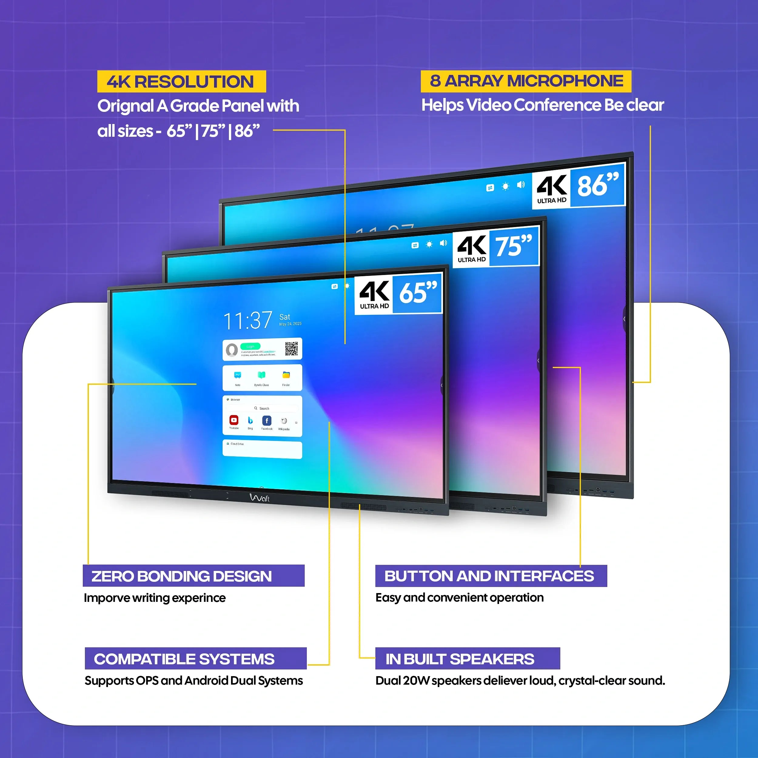 AIWaft Turbo AI 75 Inch 4K Interactive Flat Panel Smart Board with Upgradble to Android 16, 8GB RAM 128GB ROM, 50-Point Multi-Touch for Classroom & Teaching.