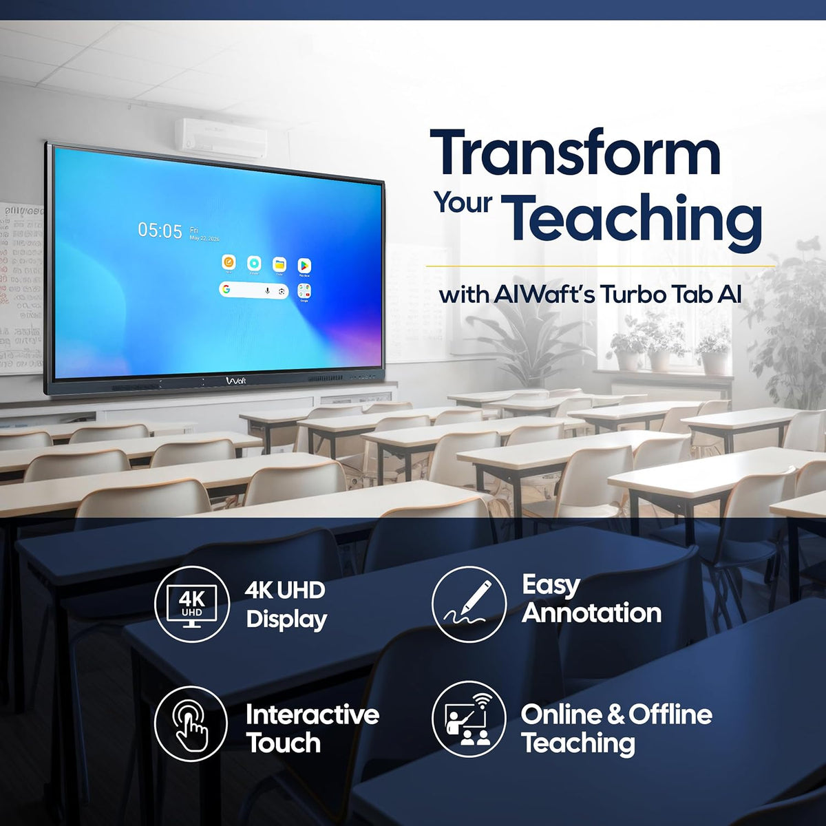AIWaft Turbo Tab AI Interactive Flat Panel 75 Inch | 4K UHD Display | Android 16 | Google EDLA Certified | Octa-Core | 50-Point Touch | Interactive Smart Board for School & Office
