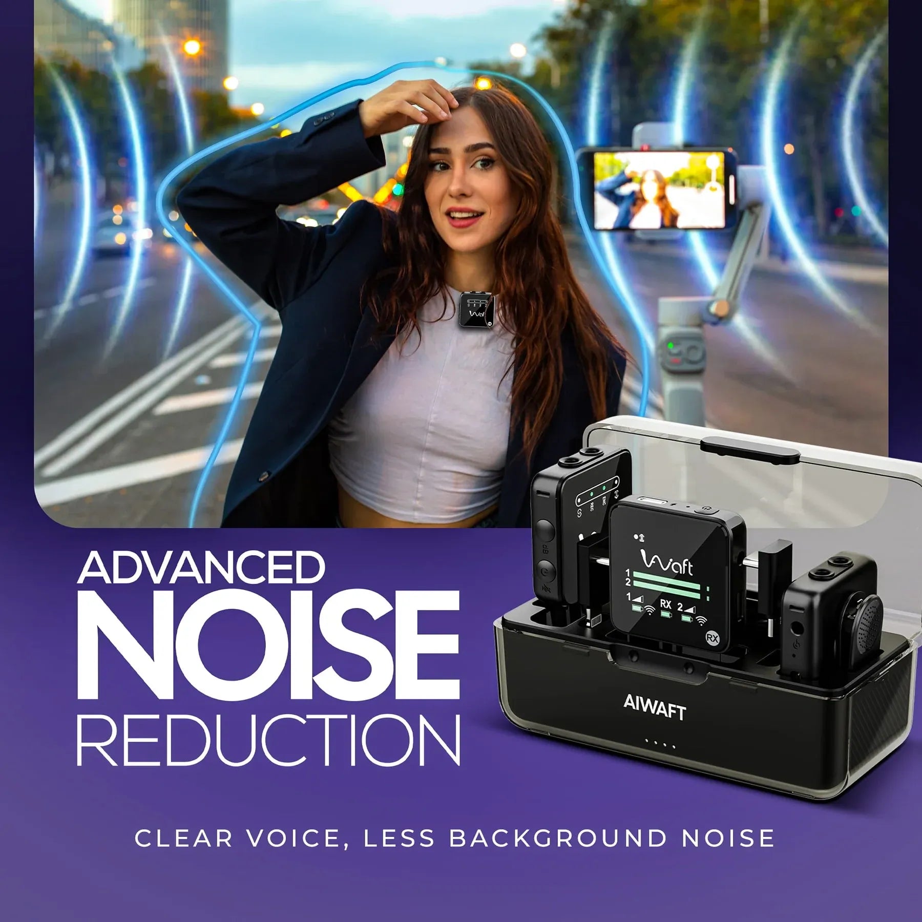 AIWaft Wireless Microphone with Noise Reduction | 100m Range, 48KHz Audio for YouTube, Vlogging & Recording